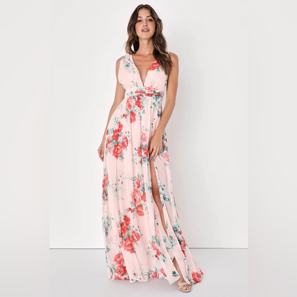 Lulu’s Garden Meandering Blush Floral Print Maxi Dress Pink Slit Size Small NWT